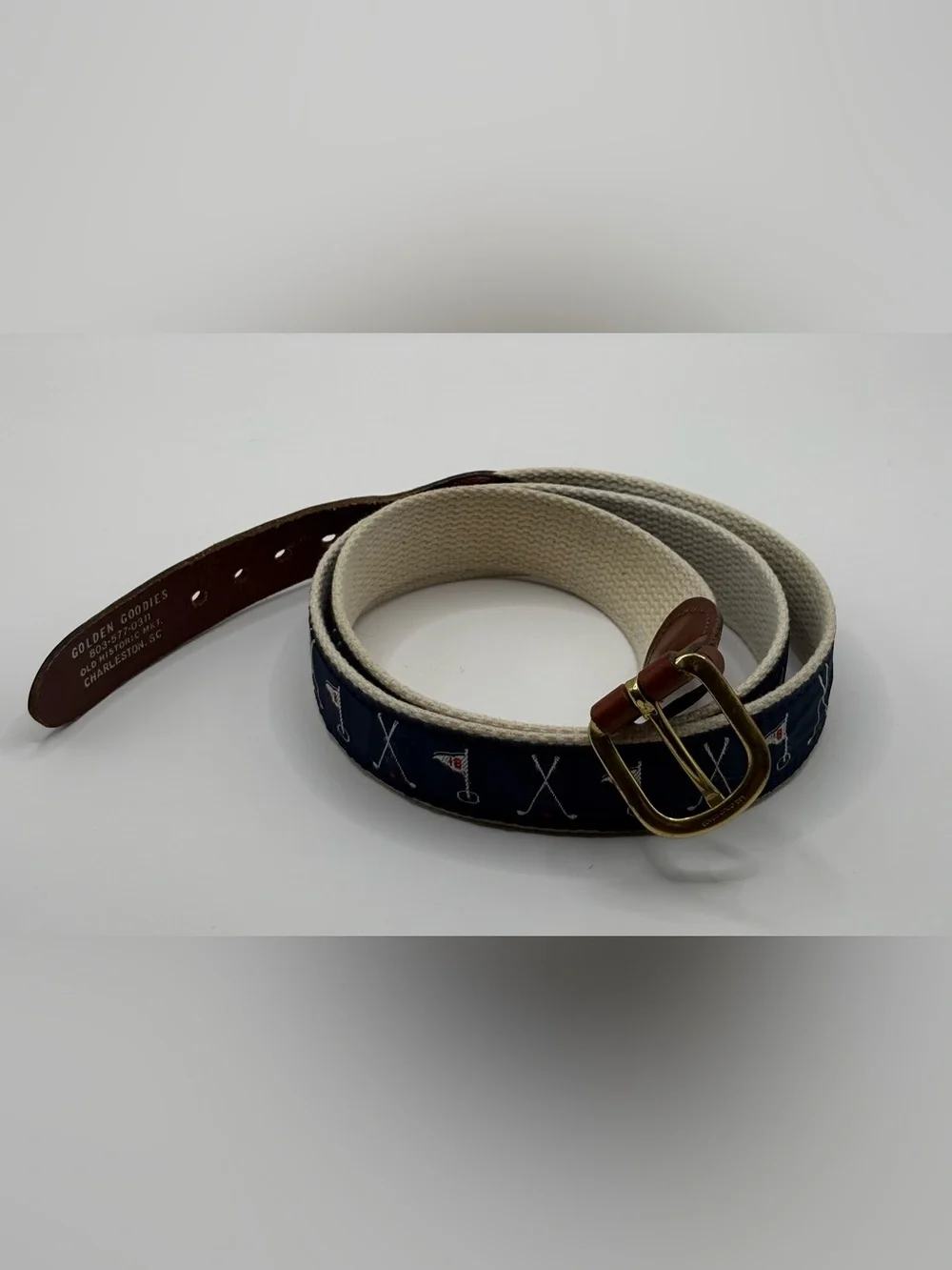 Leather Man Navy Golf Needlepoint Belt Size 42 Canvas Leather Trim Golf Club